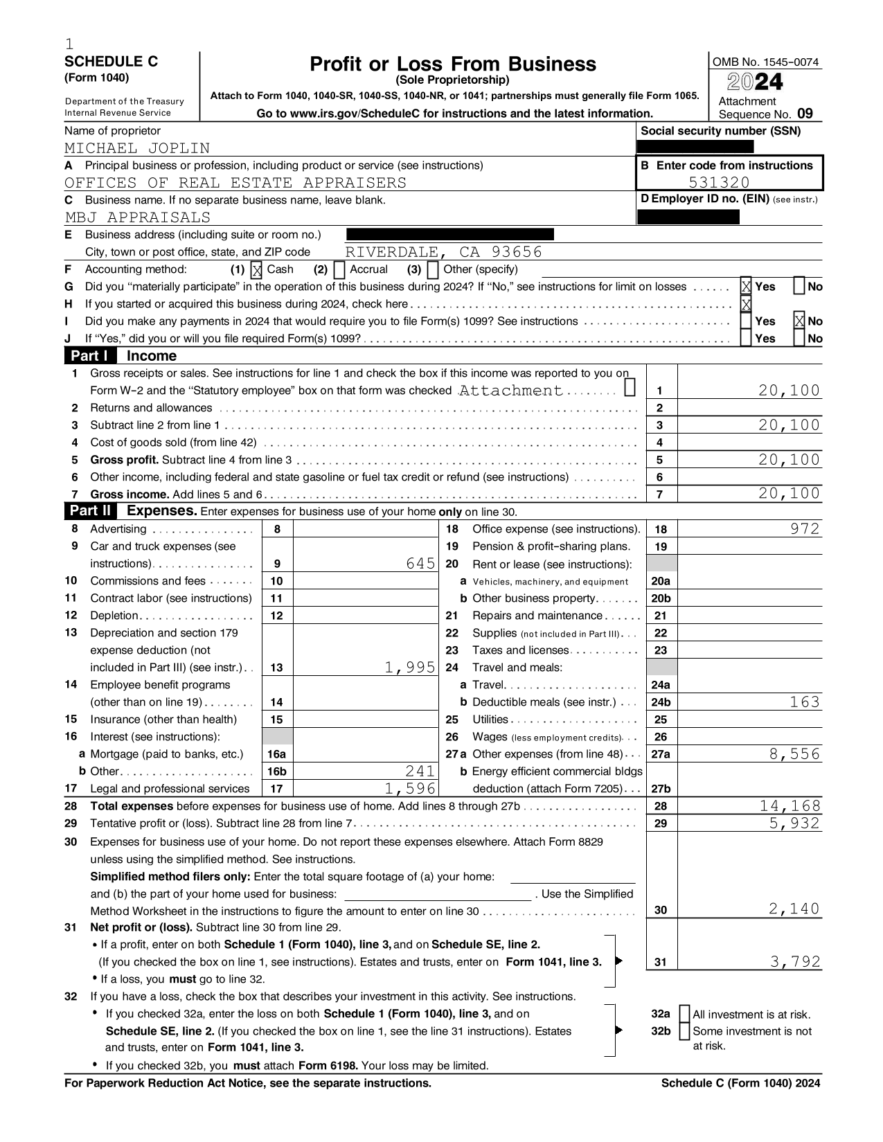Tax Case Study — Schedule C return